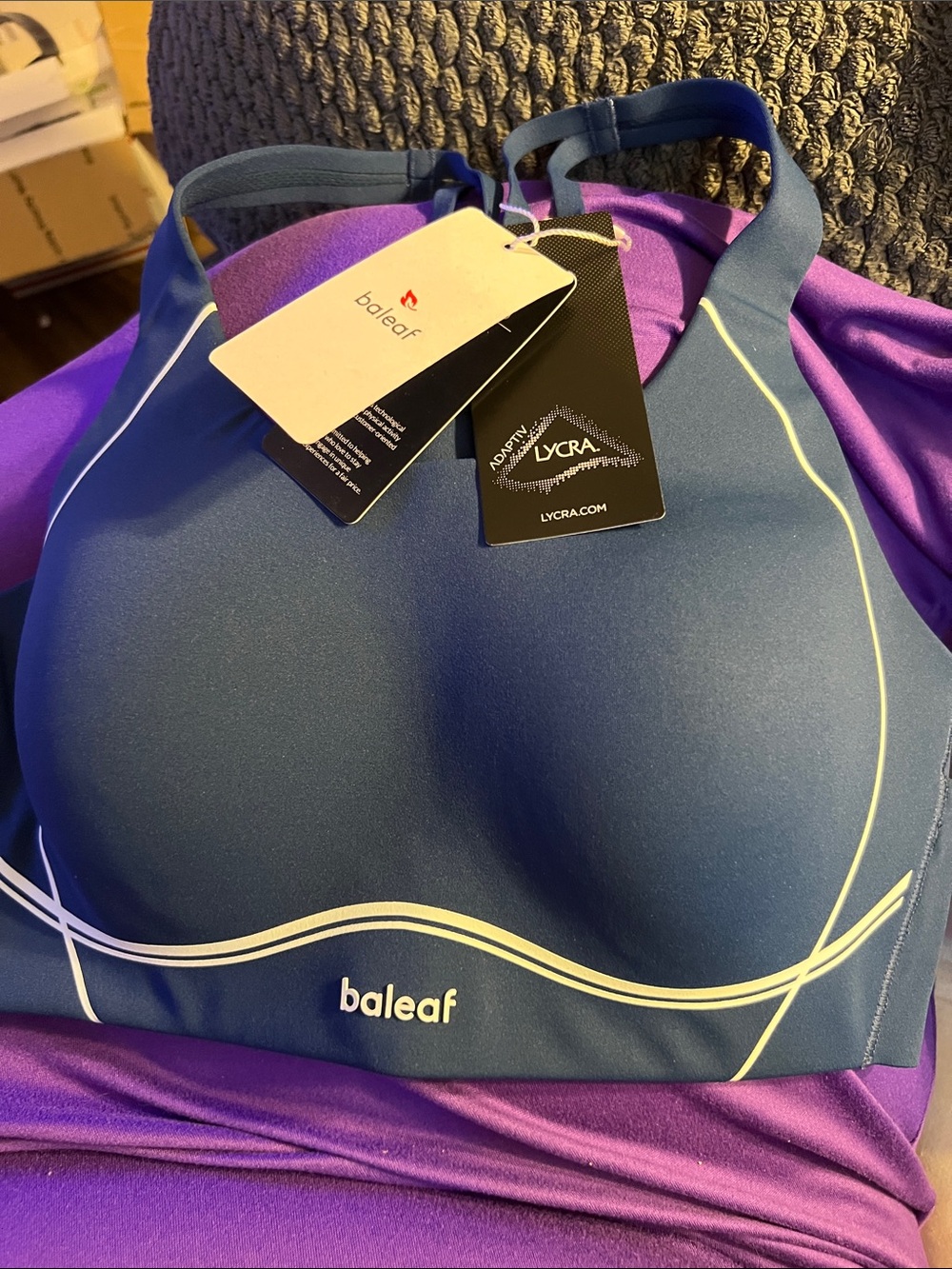 Baleaf Navy Blue Sports Bra with Light Yellow Trim